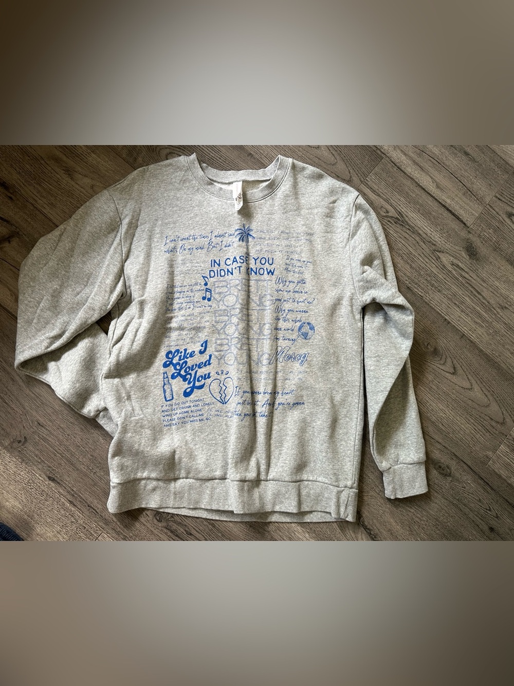 Brett Young Concert Merch. Heather Gray Sweatshirt with Blue Script Accent